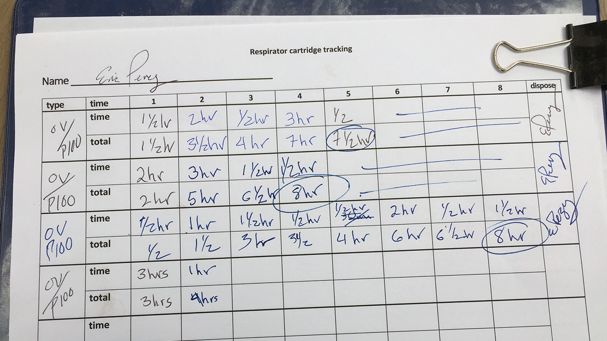 Cartridge use tracking sheet.