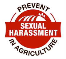 Red logo shows farm surrounded by text: Prevent sexual harassment in agriculture