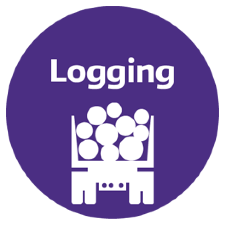 Purple circle with white silhouette of truck carrying cut logs, text says Logging.