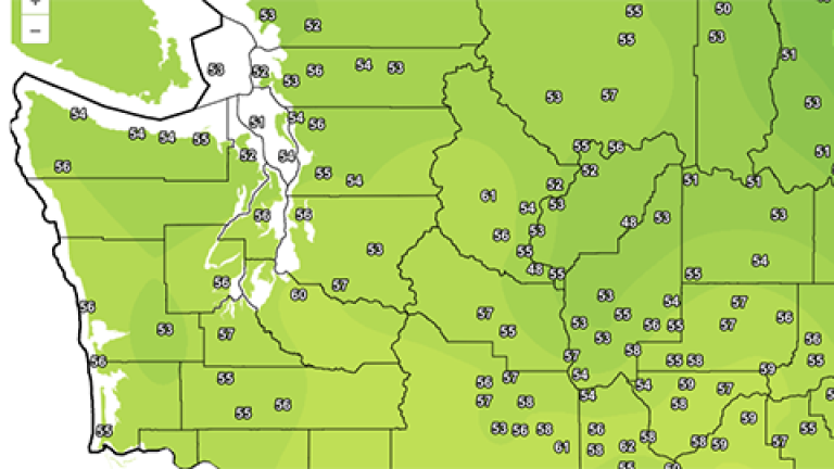 Outline of Washington state and counties, shaded light green with various points marked on the map.