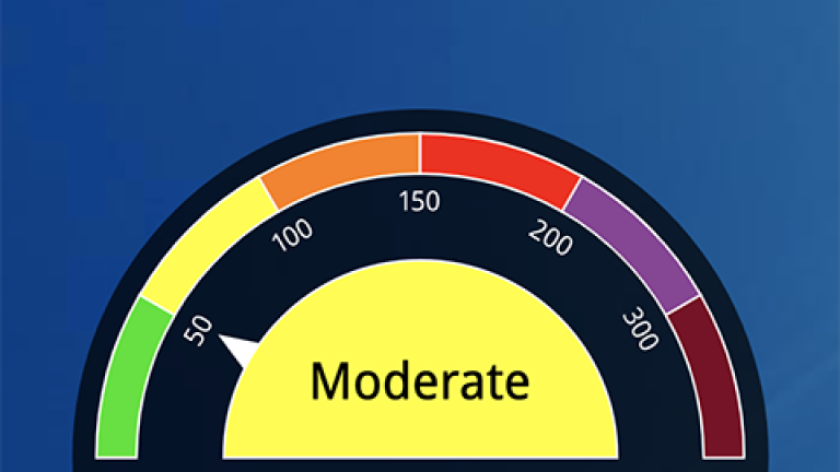 Meter with multicolor segments around a yellow half-circle that reads "moderate."