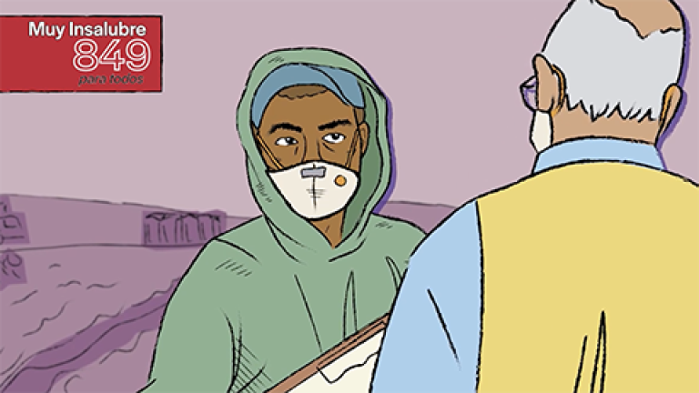 Illustration of person in green hoodie wearing mask and speaking with person in yellow vest.